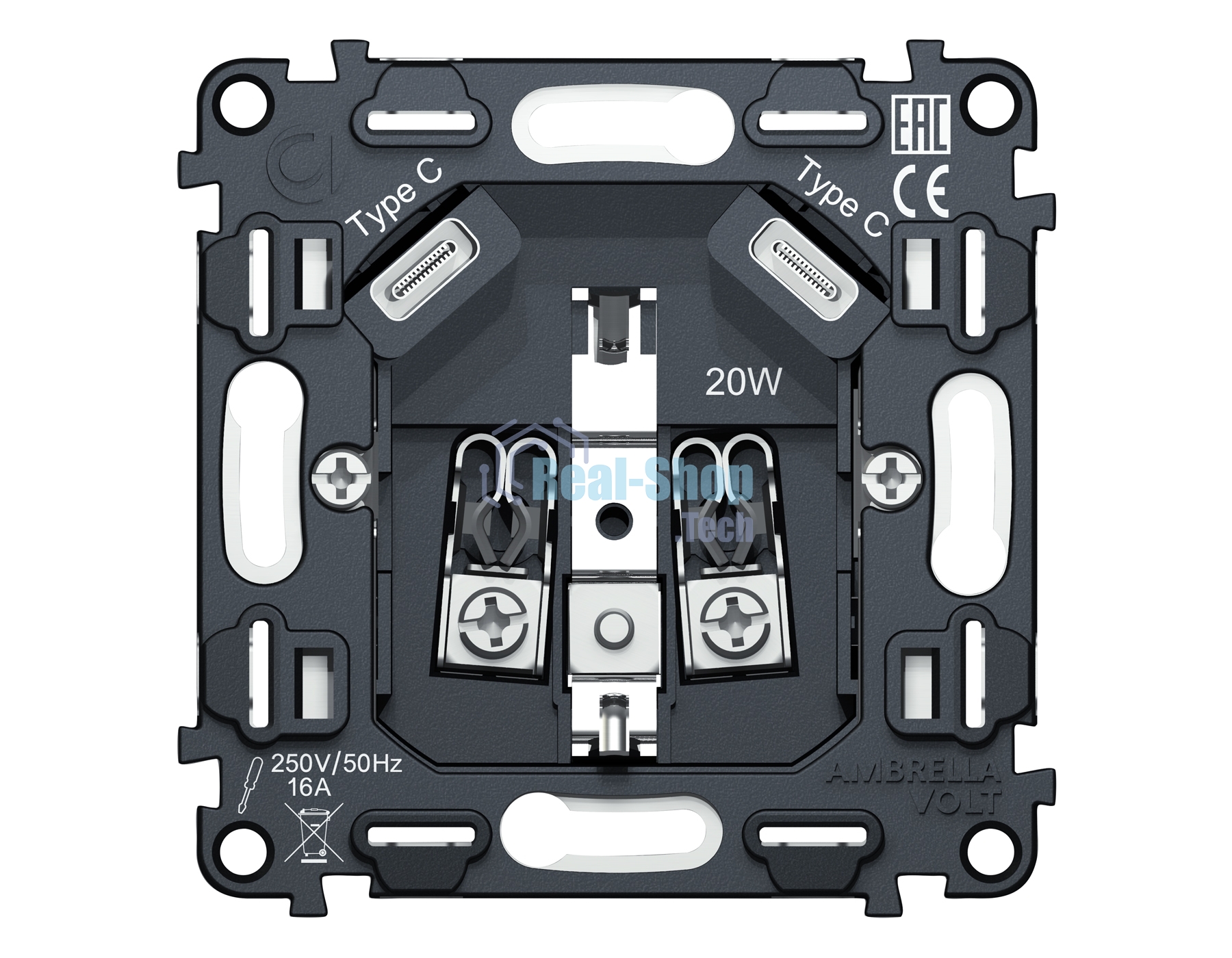 Механизм электрической розетки 2USB С+C 20W (быстрая зарядка) с/з на винтовых зажимах 16A-250V QUANT VM165