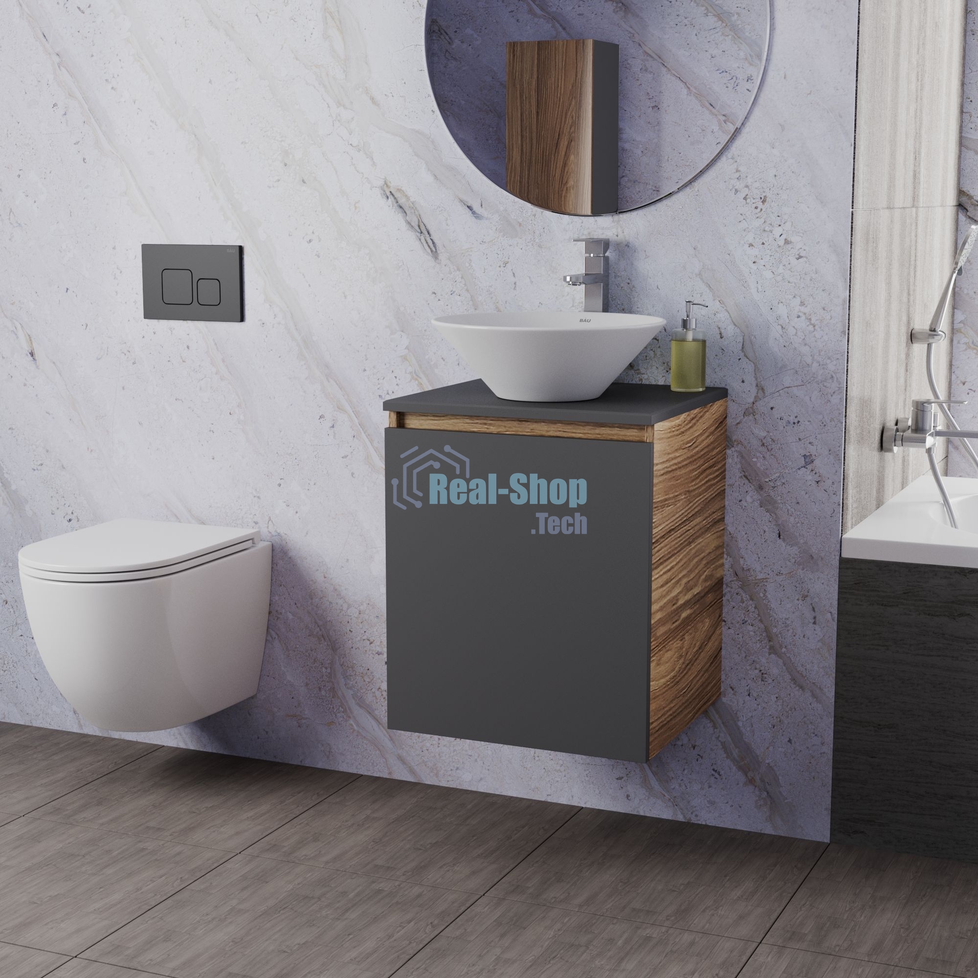 Тумба Bau Dream Blackwood 50 графит, раковина BAU Dream D43, смеситель для раковины высокий Hotel Still, нержавеющая сталь