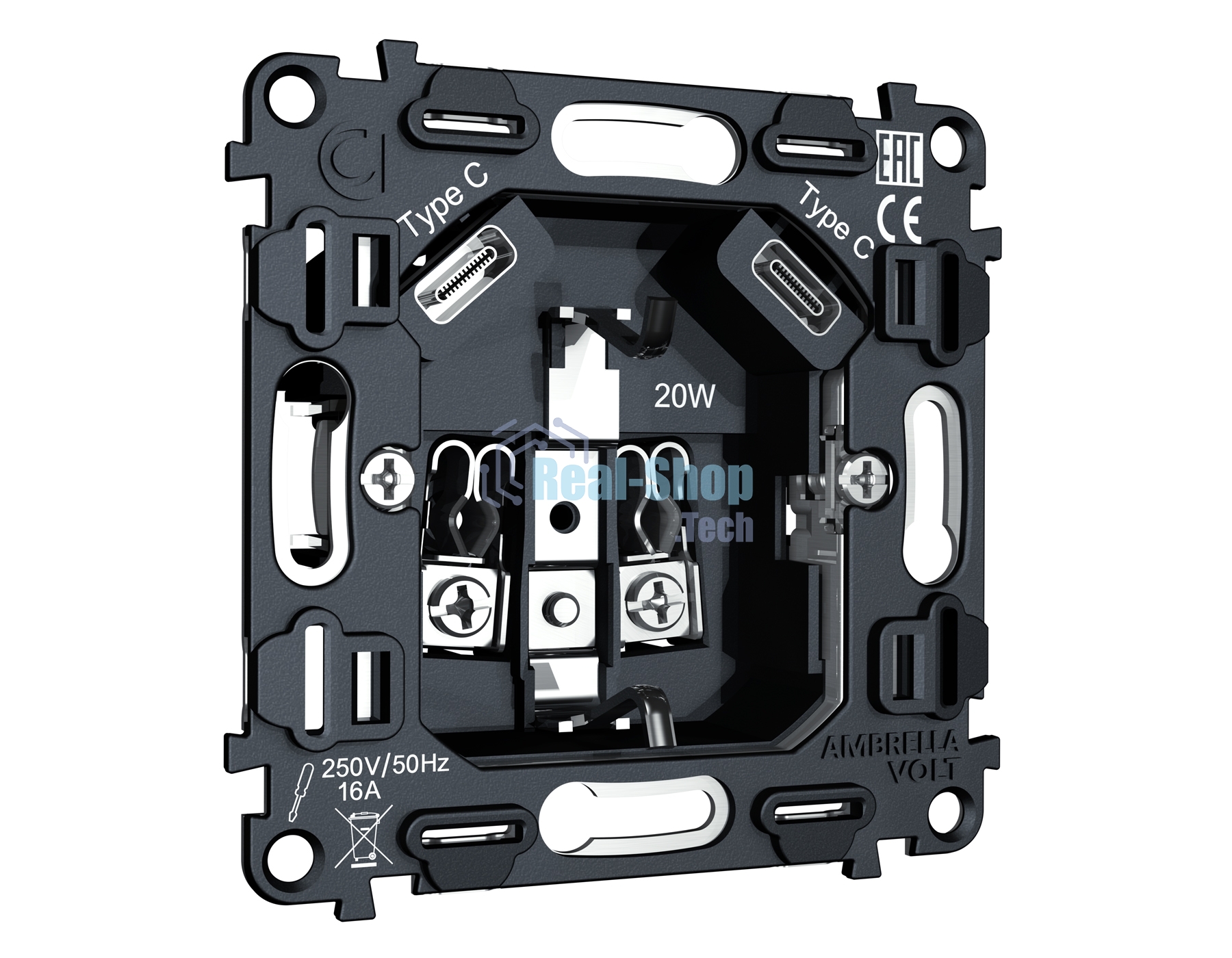 Механизм электрической розетки 2USB С+C 20W (быстрая зарядка) с/з на винтовых зажимах 16A-250V QUANT VM165