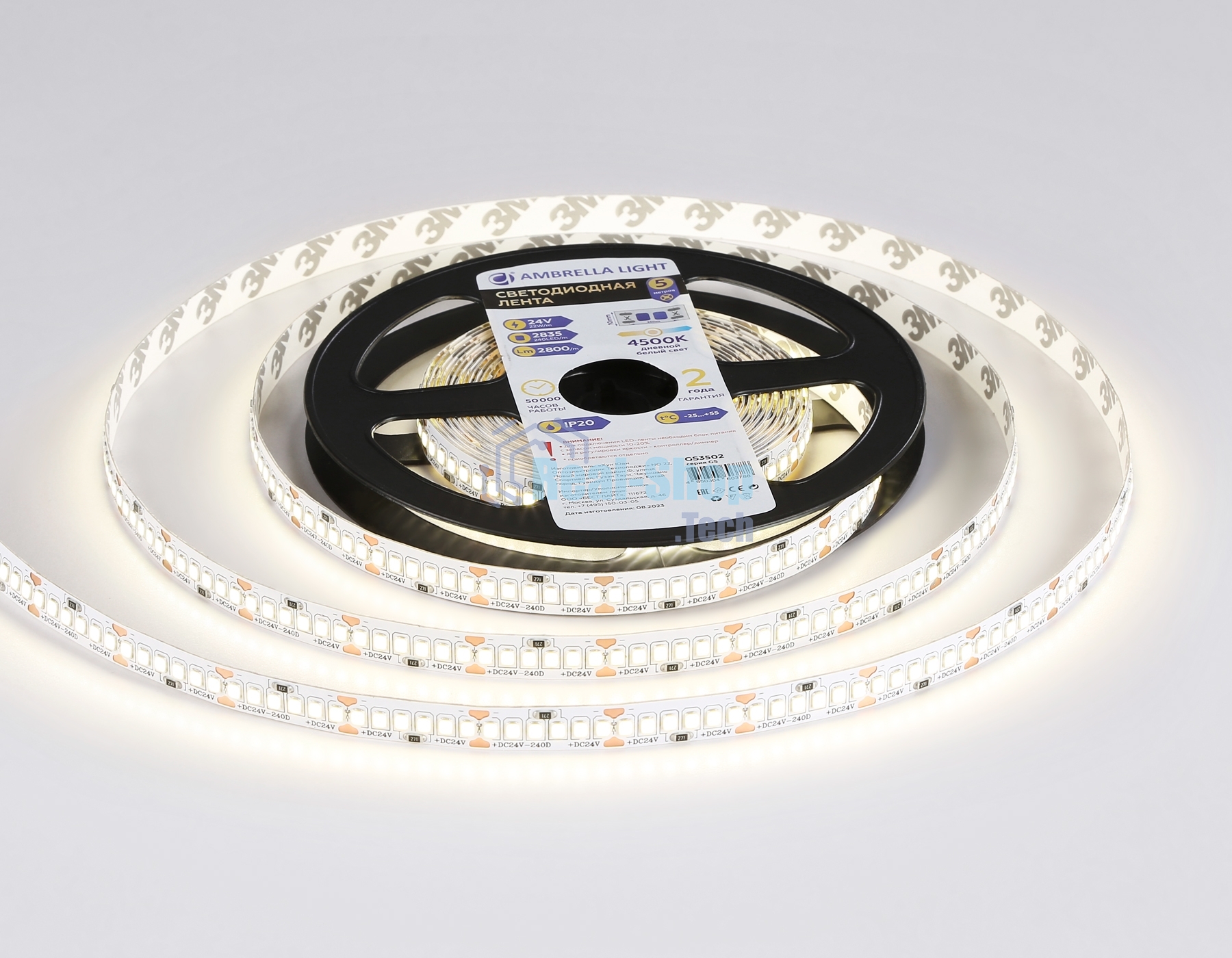 Светодиодная лента Ambrella light GS3502 2835 240Led /22W m/ 24V IP20 4500K/ 5000*10*1.2mm (2 конт.)