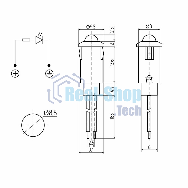 Индикатор Rexant Ø8 12В с проводом красный LED
