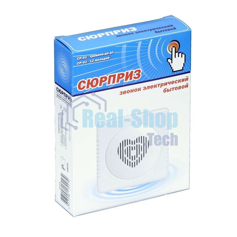 Звонок дверной проводной Сюрприз 12 мел. с питанием от батареек с кнопкой и проводом 2ААх1.5В 80-90дБА бел. Тритон СР-02Б