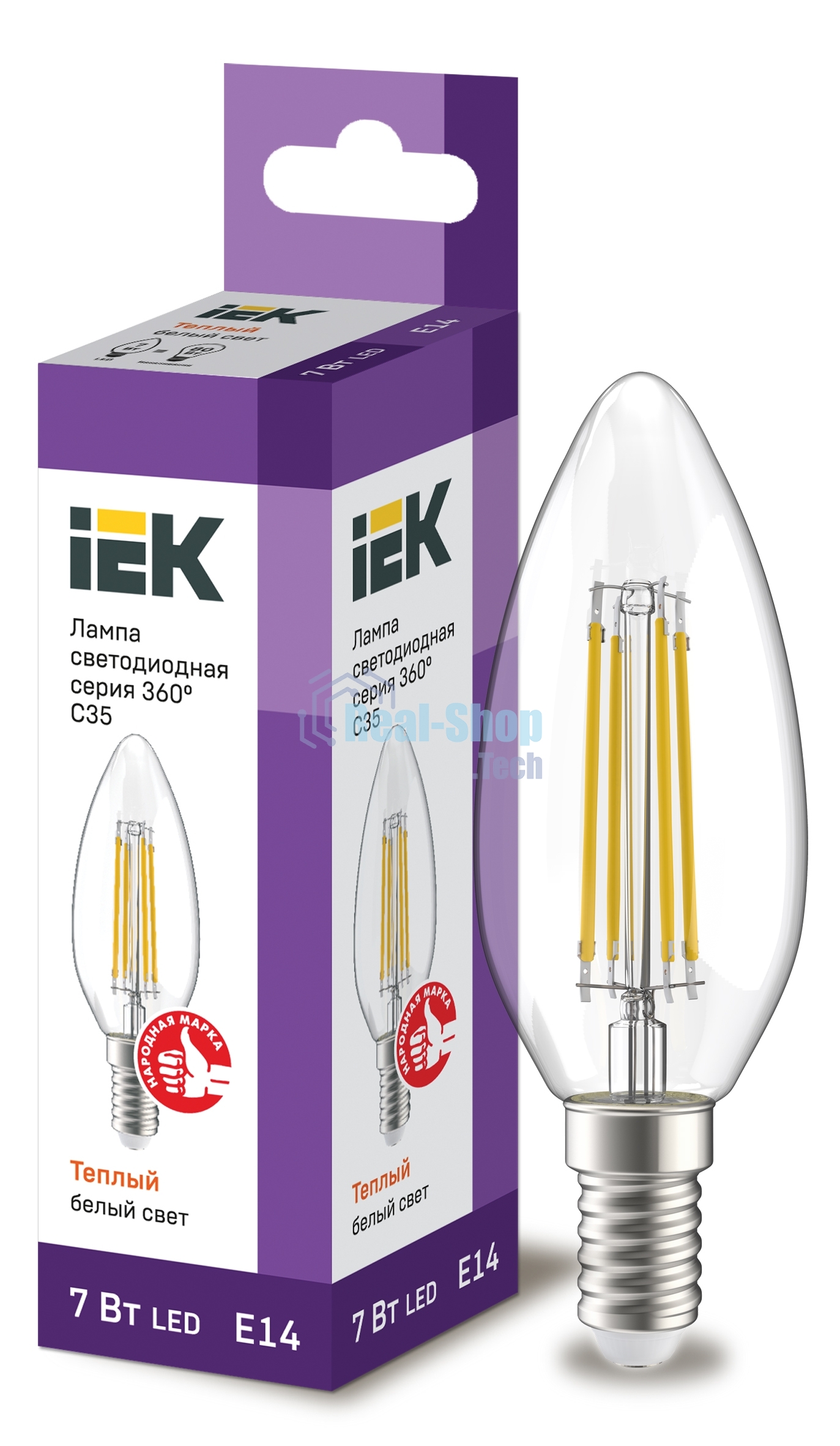 Лампа cветодиодная LED C35 свеча прозр. 7Вт 230В 3000К E14 серия 360°