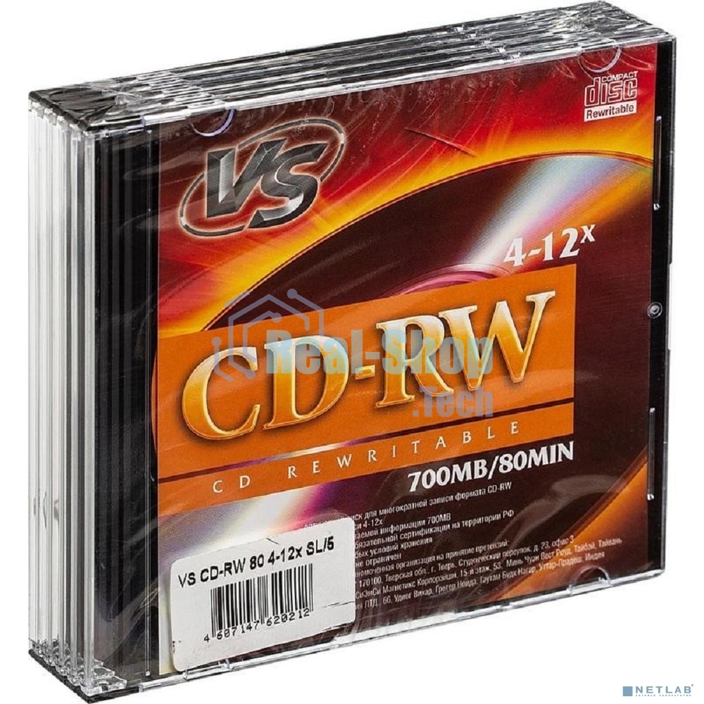 Диск CD-RW VS 700 Mb, 12x, Slim Case (5), (5/200).