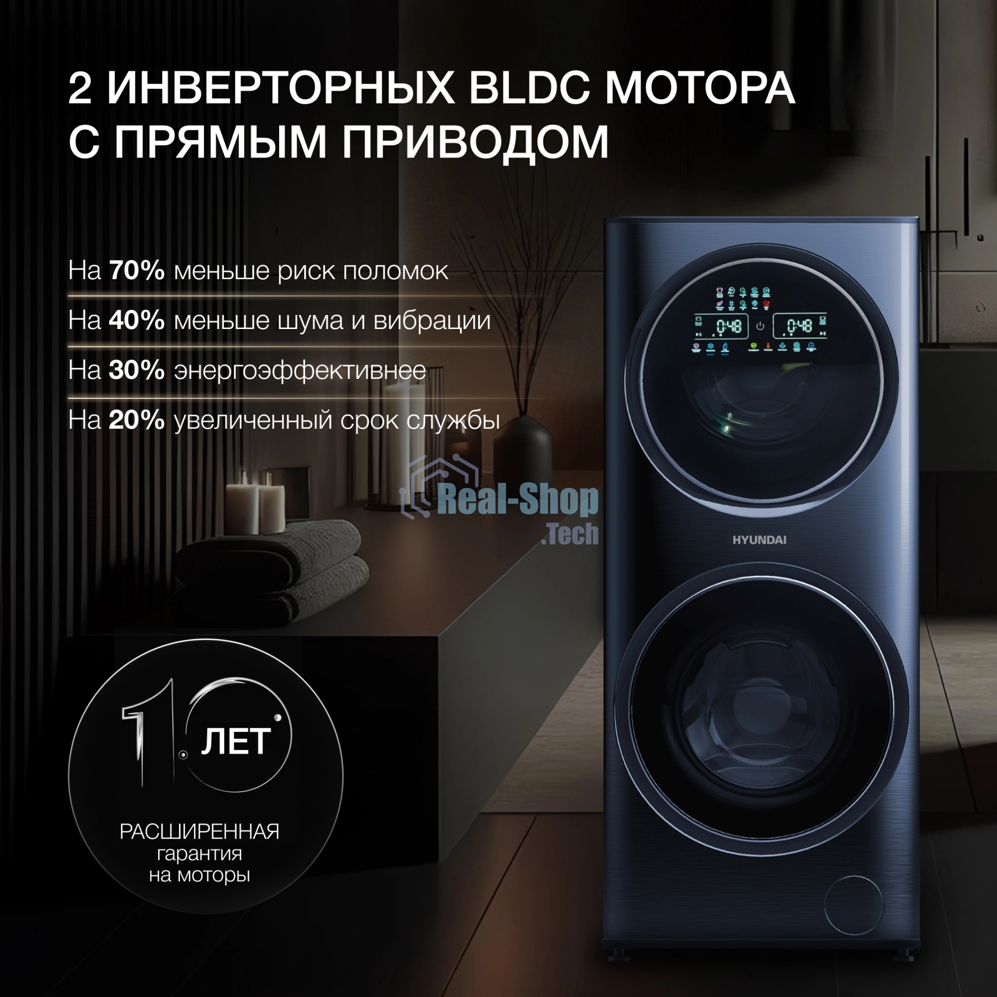 Стирально-сушильная машина Hyundai WMD9425 темно-синий, загр. фронтальная макс.: 15 кг 1400 об/мин класс: А+++