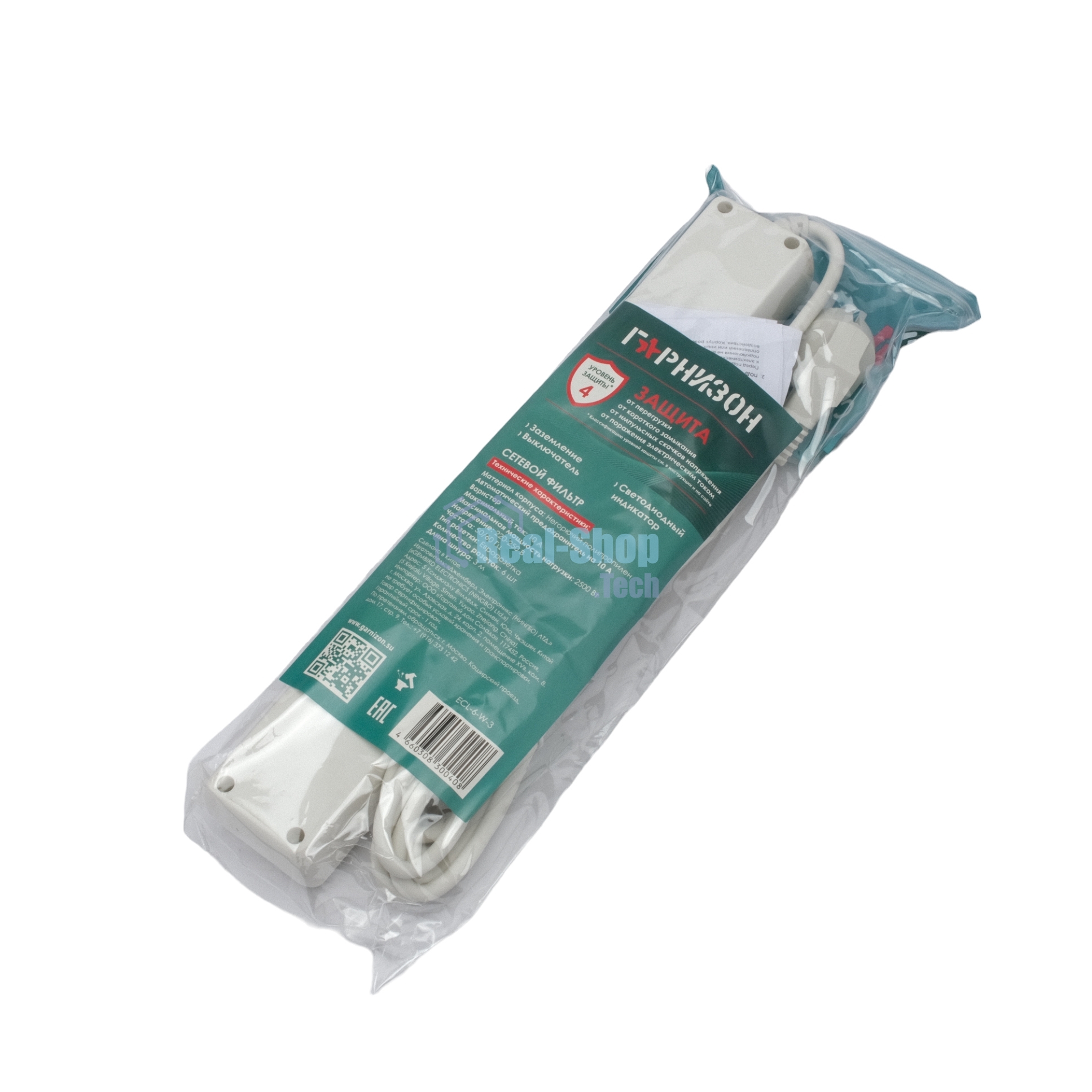 Сетевой фильтр Гарнизон ECL-6-W-3, 6 р, 10А, 3 м, ур.защиты 4, белый, пакет