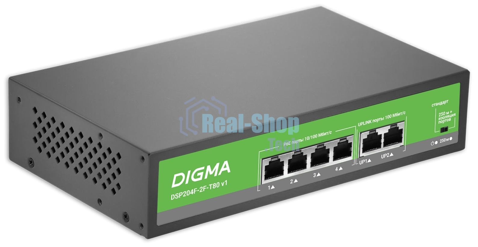 Коммутатор Digma DSP204F-2F-T80 DSP204F-2F-T80 V1 (L2) 6x100 Мбит/с 4PoE 4PoE+ 80W неуправляемый