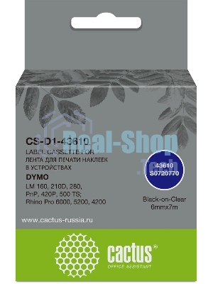 Картридж ленточный Cactus CS-D1-43610 6мм, черный шрифт, прозрачный фон, 7м для DYMO LM 160, 210D, 280, PnP, 420P, 500 TS; Rhino Pro 6000, 5200, 4200