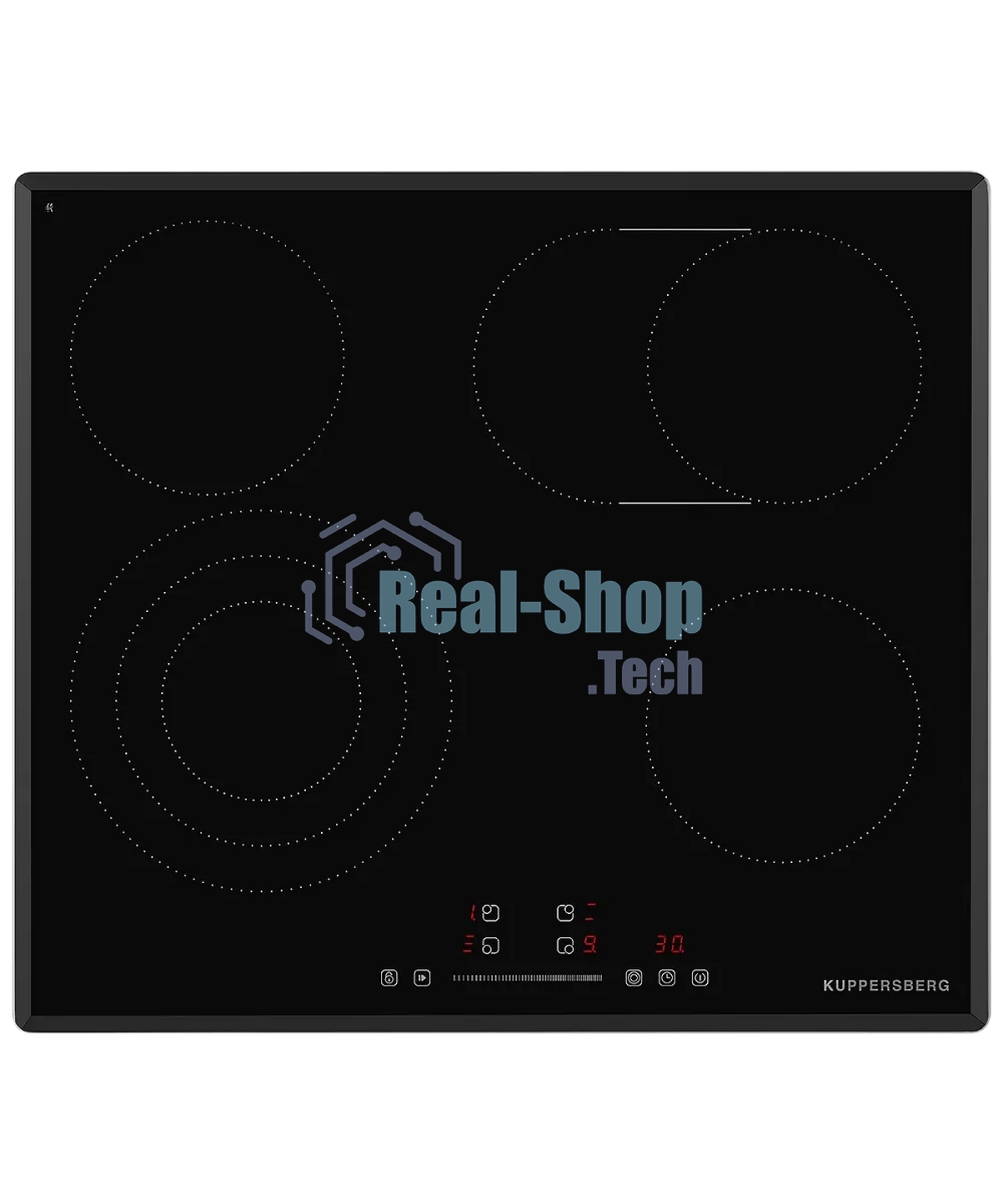 Встраиваемые электрические панели Kuppersberg ECS 639 F Электрическая независимая варочная панель, стеклокерамика KANGER, ширина 60 см, 4 зоны ускоренного нагрева HI-Light, управление электронное сенсорное/слайдер, 5 цифровых дисплев, 9 уровней мощности, 