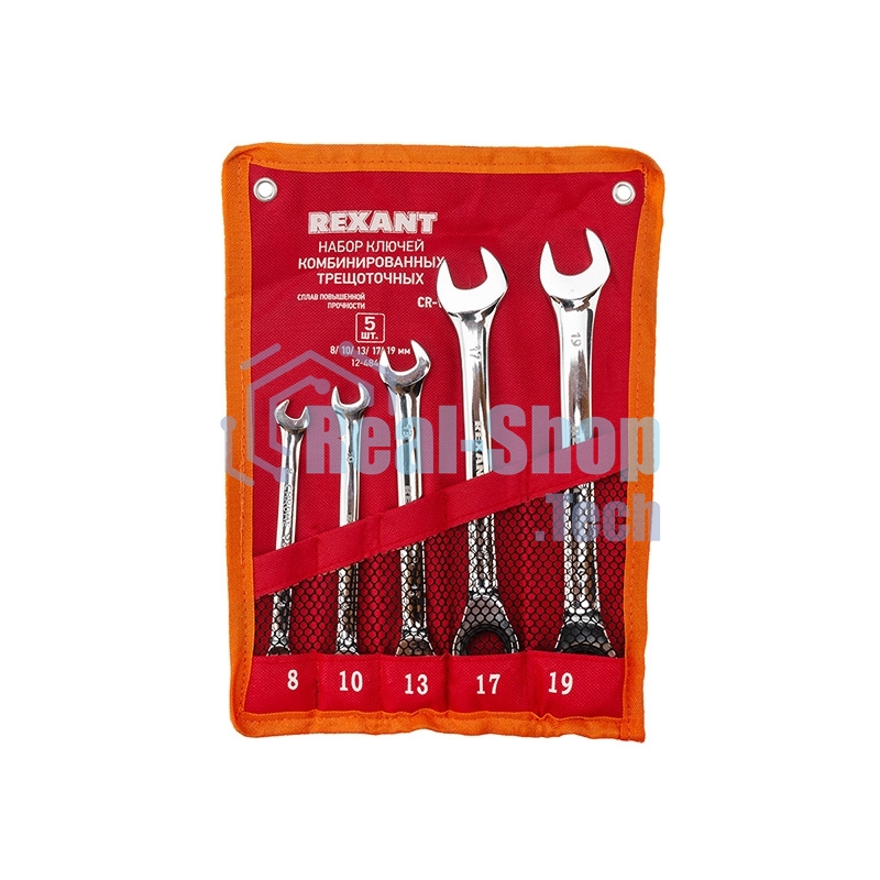 Набор ключей комбинированных трещоточных Rexant (8, 10, 13, 17, 19 мм), 5 шт., CrV, зеркальное хромирование