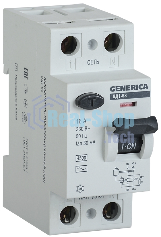 Выключатель дифференциального тока (УЗО) Iek MDV15-2-063-030 ВД1-63 2Р 63А 30мА GENERICA