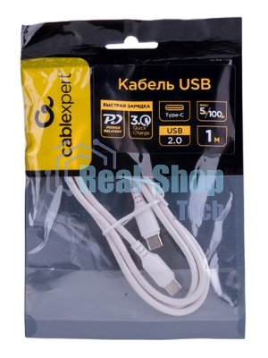Кабель USB2.0 Cablexpert CCB-USB2-CMCMO1-1MW, TypeC/TypeC, Classic 0.1, 3A, 60Вт, PD/QC3.0, медь, 1м, белый, коробка
