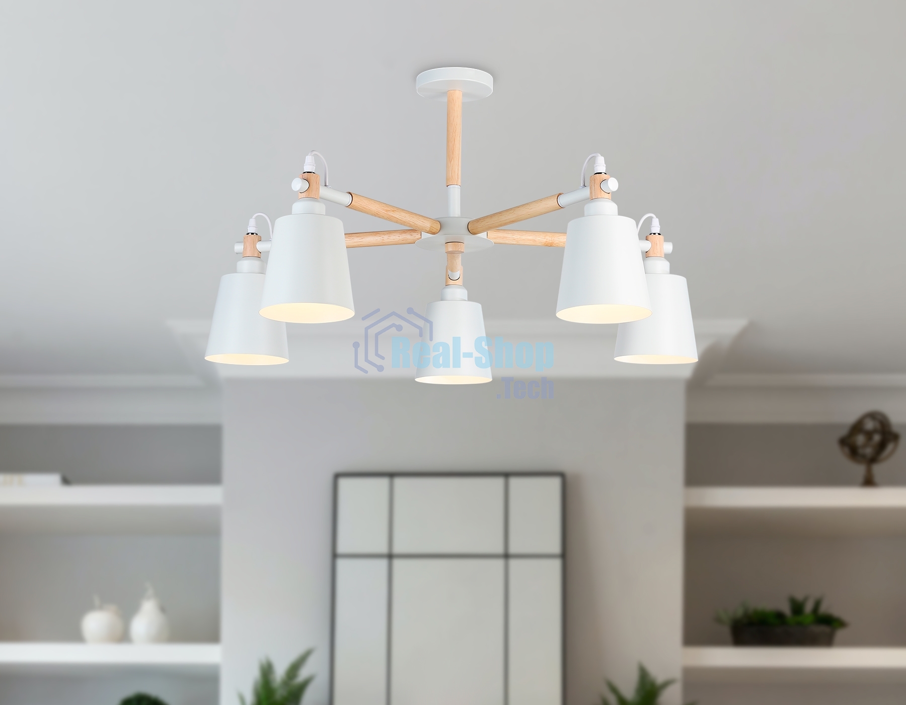 Светильник Ambrella light TR82208/5 WH/LW белый/светлое дерево E27/5 max 40W D780*430