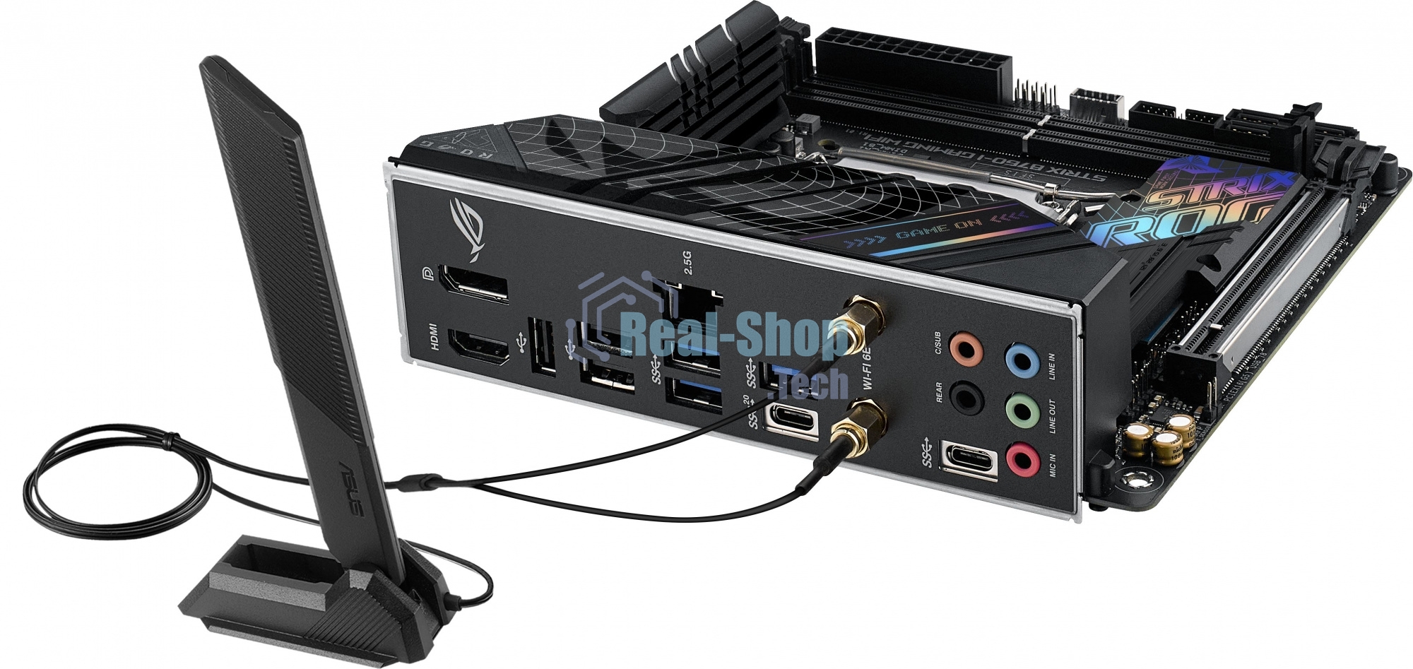 Материнская плата ASUS ROG STRIX B760-I GAMING WIFI, LGA 1700, Intel B760, 2xDDR5, 4xSATA, 2xM.2, 1xPCIe 5.0 x16, 1xHDMI, 1xDP, 1x 2.5Gb LAN, 3xUSB-A 2.0, 3xUSB-A 3.2 Gen 1, 1xUSB-C 3.2 Gen 1, 1xUSB-C 3.2 Gen 2x2, 5x3.5 мм, 7.1, Mini-ITX