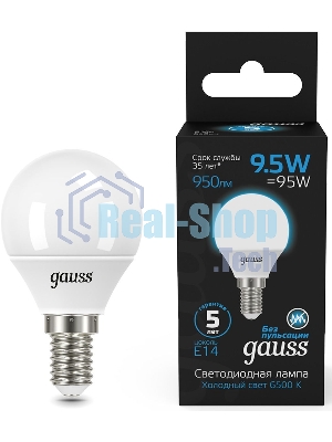 Лампа светодиодная Gauss 105101310 9.5Вт цок.:E14 шар 220B 6500K св.свеч.бел.хол. (упак.:10шт)