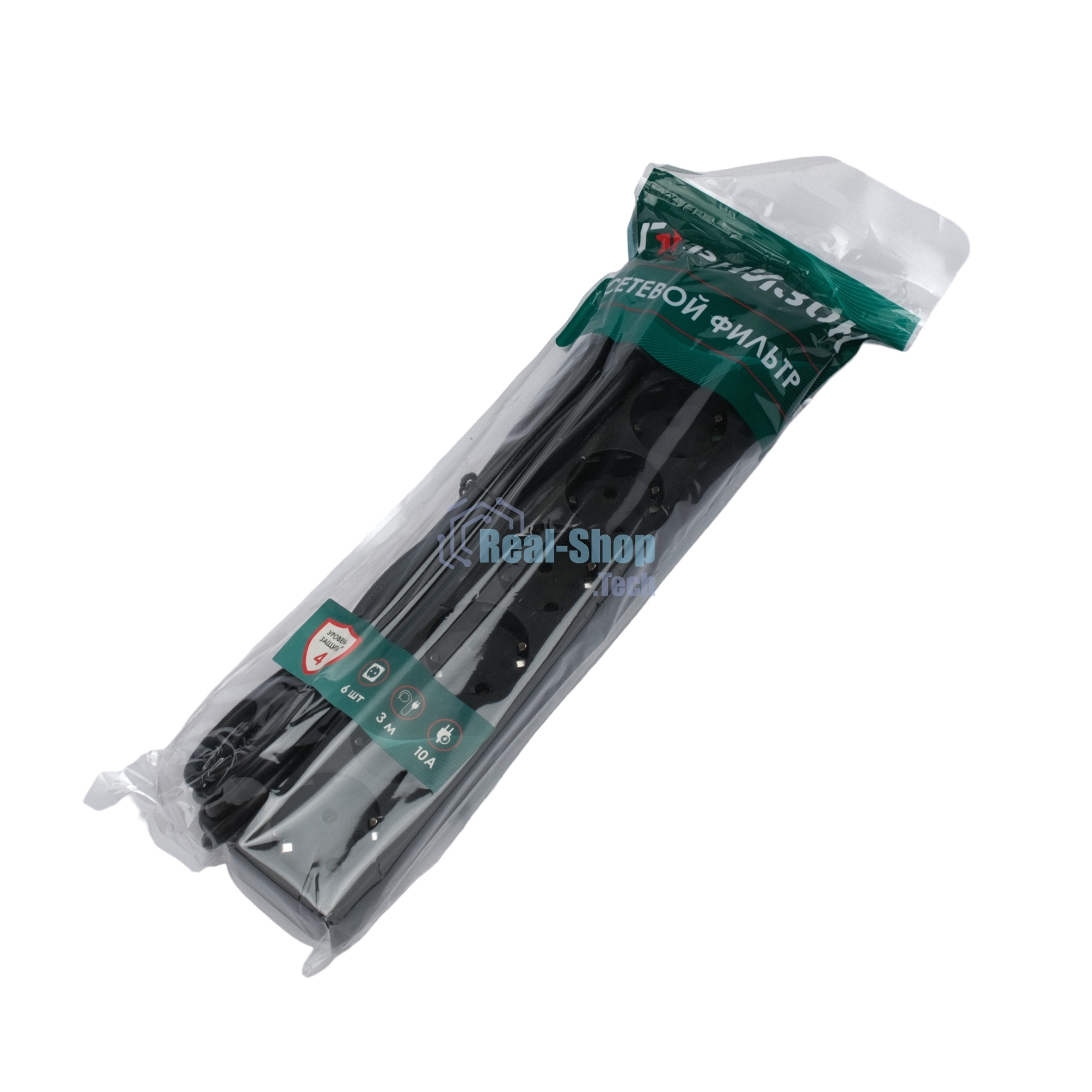 Сетевой фильтр Гарнизон 6 р, 10А, 3 м, ур.защиты 4, черный, пакет