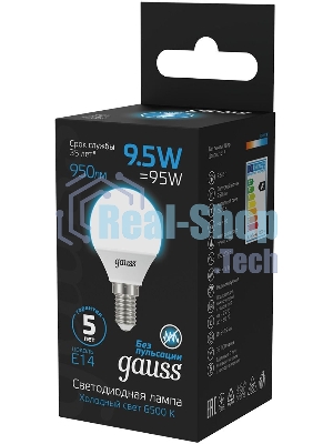 Лампа светодиодная Gauss 105101310 9.5Вт цок.:E14 шар 220B 6500K св.свеч.бел.хол. (упак.:10шт)