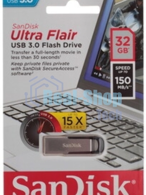 Флешка USB Sandisk CZ73 Cruzer Ultra Flair (SDCZ73-032G-G46), 32Gb, USB 3.0, R/W 150/45, серебристый/черный