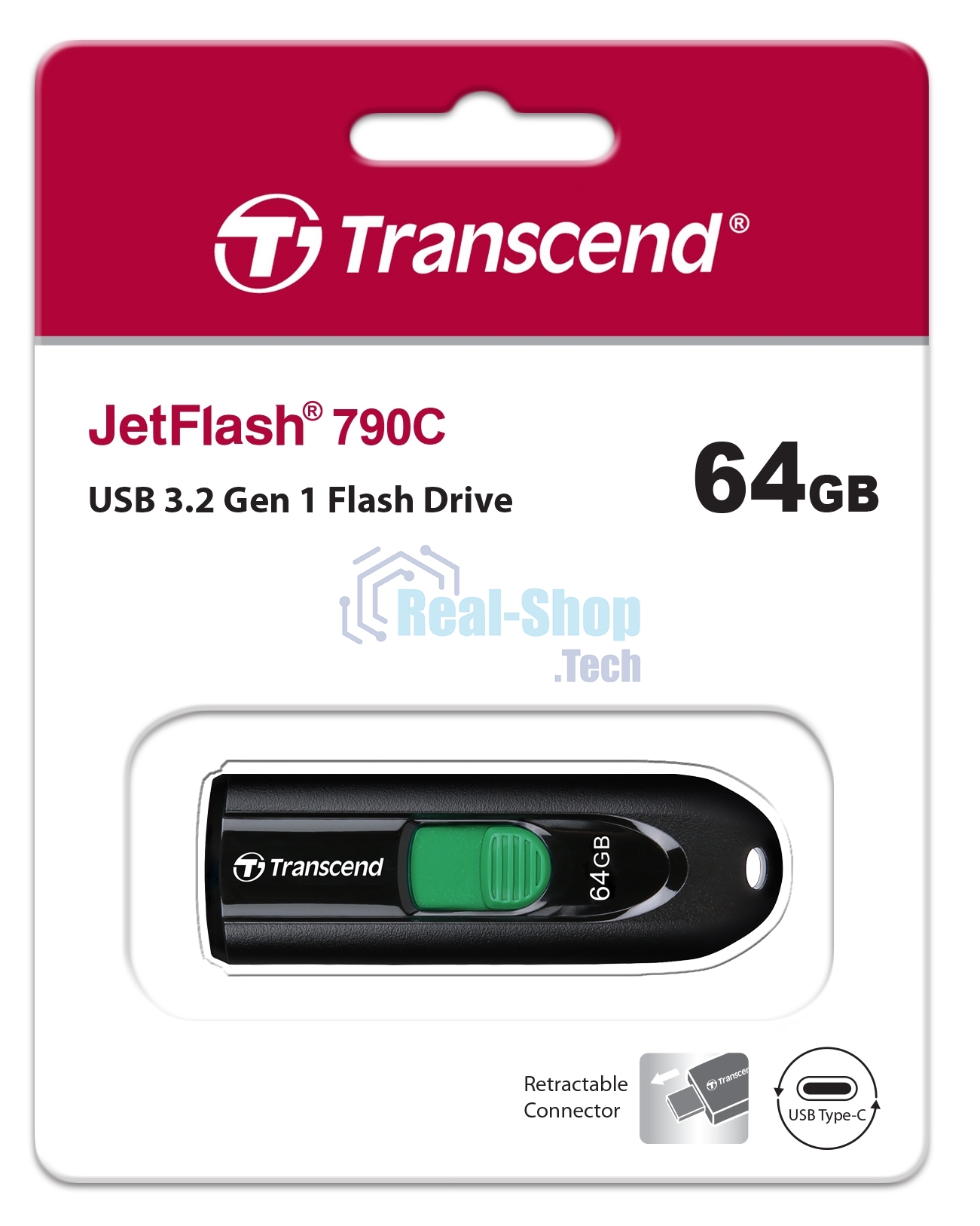 Флешка USB Transcend JetFlash 790С (TS64GJF790C), 64Gb, USB 3.0 Type-C, R/W 90/60, черный/зеленый