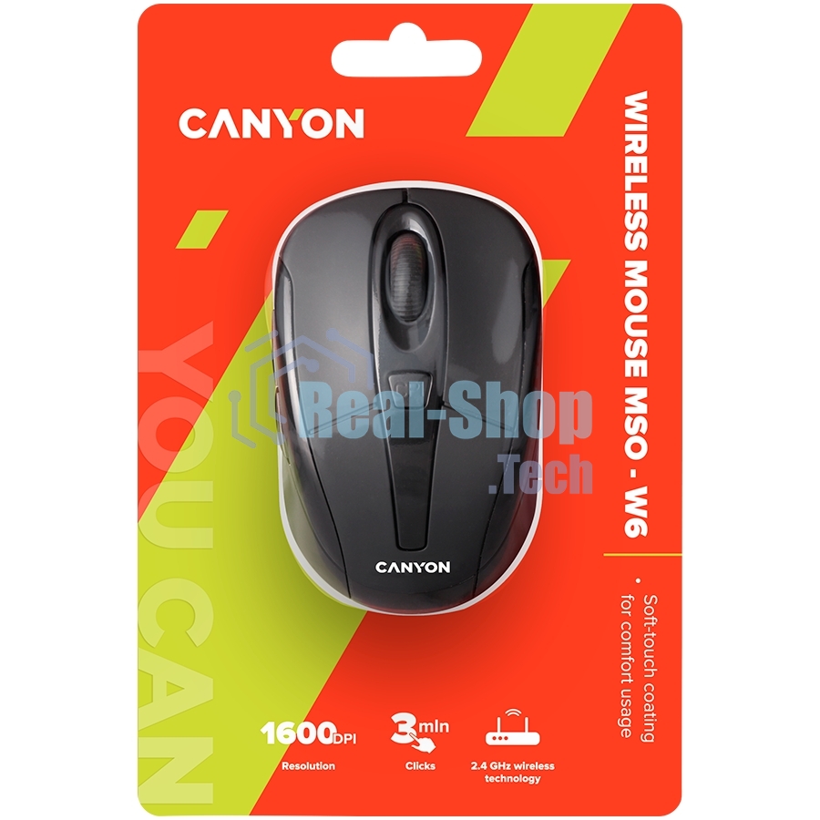 Мышь беспроводная Canyon MSO-W6 черный, 1600 dpi, радиоканал, USB, кнопки - 6