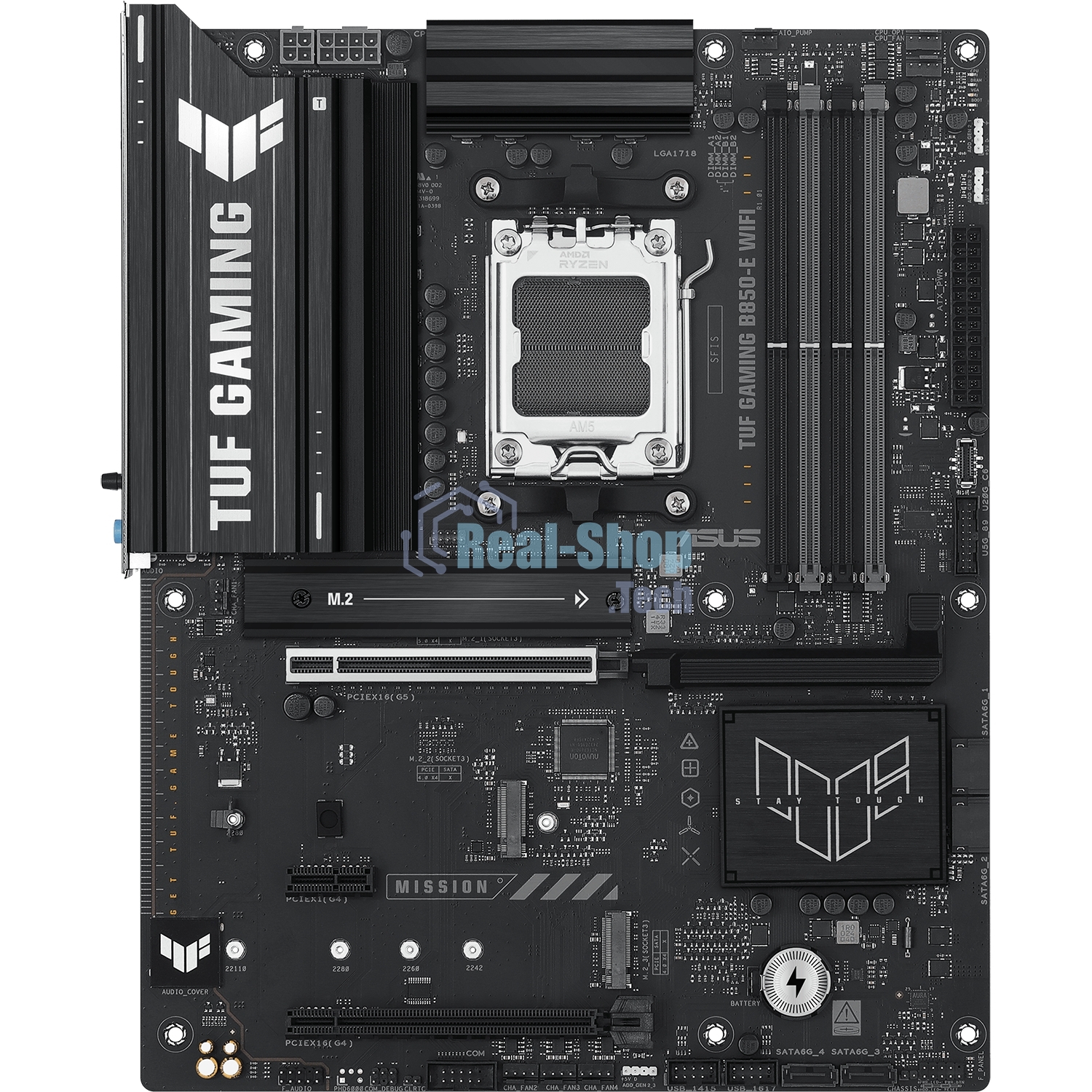 Материнская плата ASUS TUF Gaming B850-E WiFi, AM5, AMD B850, 4xDDR5, 4xSATA, 3xM.2, 1xPCIe 5.0 x16, 1xPCIe 4.0 x16, 1xPCIe x1, 1xDP, 1xHDMI, 2xUSB-C (1x10Gbps, 1x20Gbps), 3xUSB-A 5Gbps, 3xUSB-A 2.0, 1x2.5Gb LAN, Wi-Fi 6E, Bluetooth 5.3, 3x3.5 мм, 7.1, AT