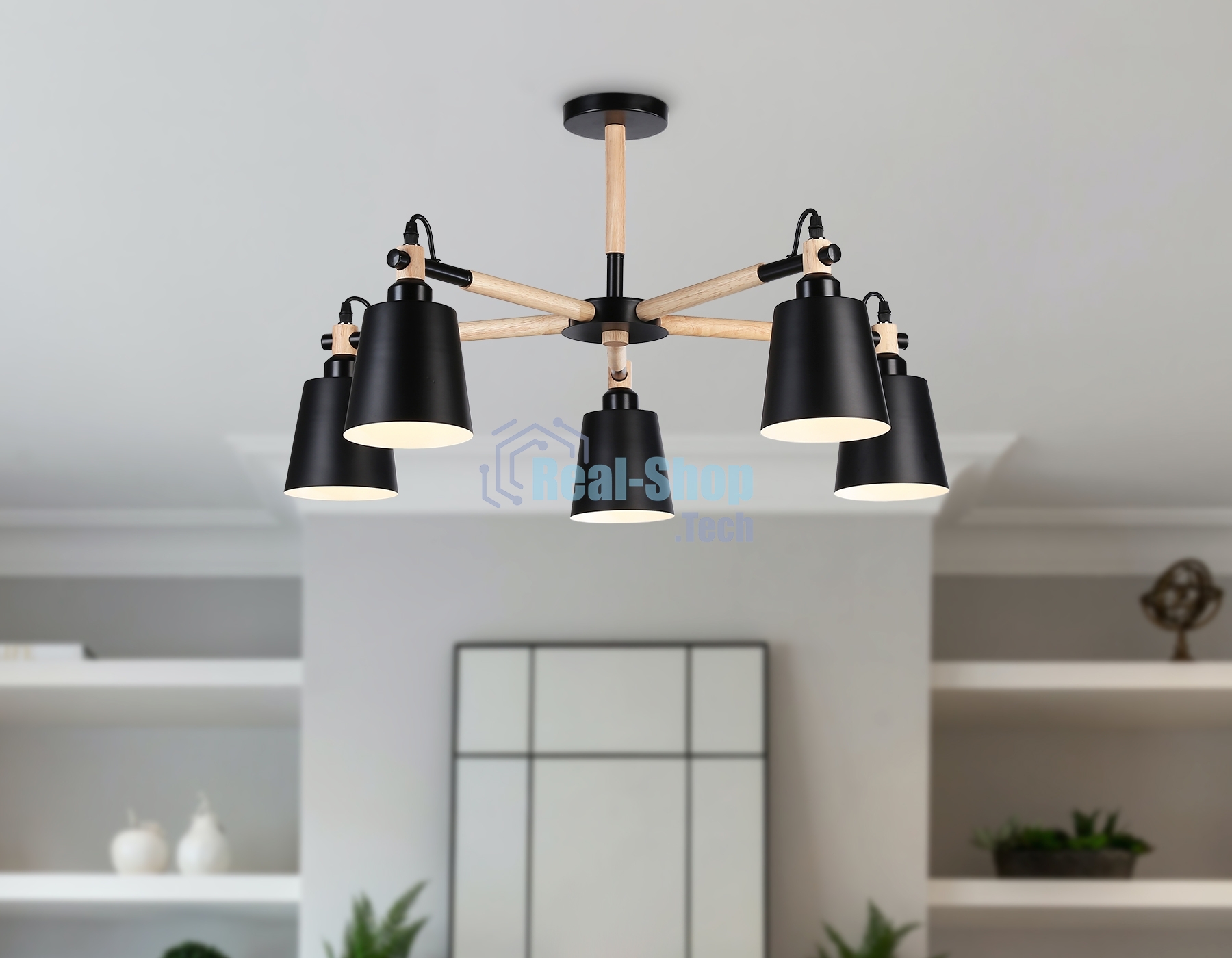 Светильник Ambrella light TR82211/5 BK/LW черный/светлое дерево E27/5 max 40W D780*430