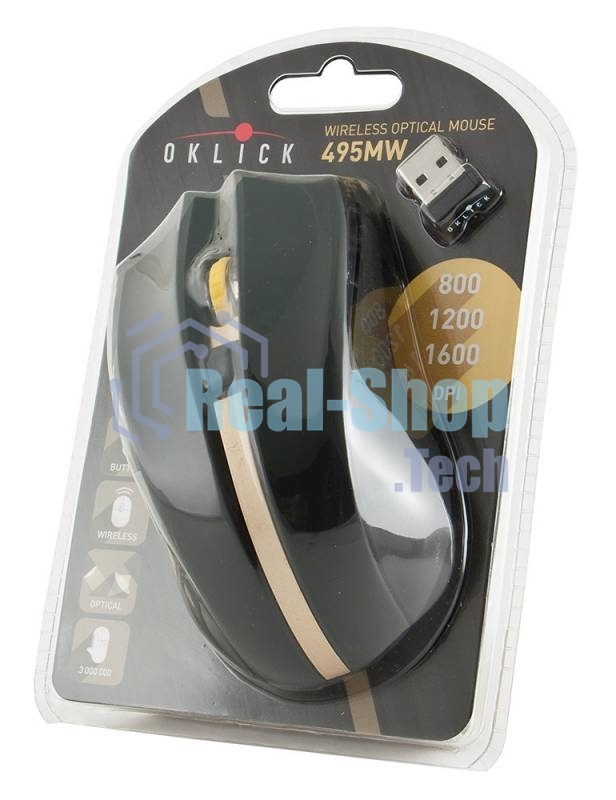 Мышь беспроводная Oklick 495MW черный/золотистый, 1600 dpi, радиоканал, USB, кнопки - 6