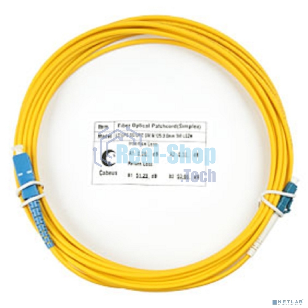 Коммутационный шнур оптический Cabeus Tight Buffer, Simplex SC/LC, OS2 9/125, LSZH, 7м, d= 3мм, синий хвостовик, желтый