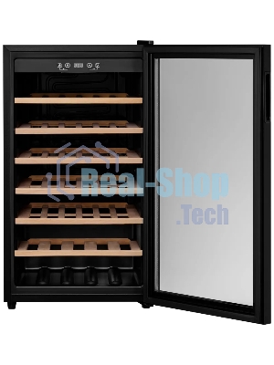 Винный шкаф Kuppersberg RSW 82, отдельностоящий, High-Tech, объем 128 л, вместимость 40 бутылок, диапазон температуры 5-20 градусов, механическое открытие двери, 6 полок из бука, LCD дисплей, уровень шума 38 дБ, черный