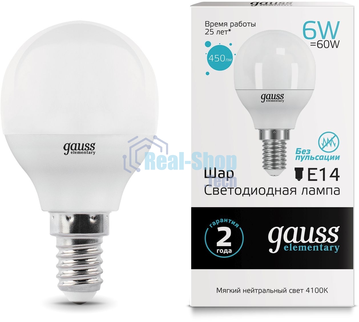 Лампа светодиодная Gauss Elementary 6Вт цок.: E14 шар 220B 4100K св. свеч. бел. ней. (упак.: 10 шт)