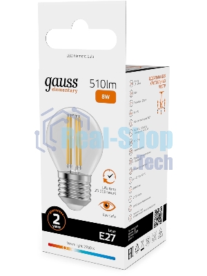 Лампа филам. Gauss Filament 8Вт цок.:E27 шар св.свеч.бел.теп. (упак.:10шт) (52218)