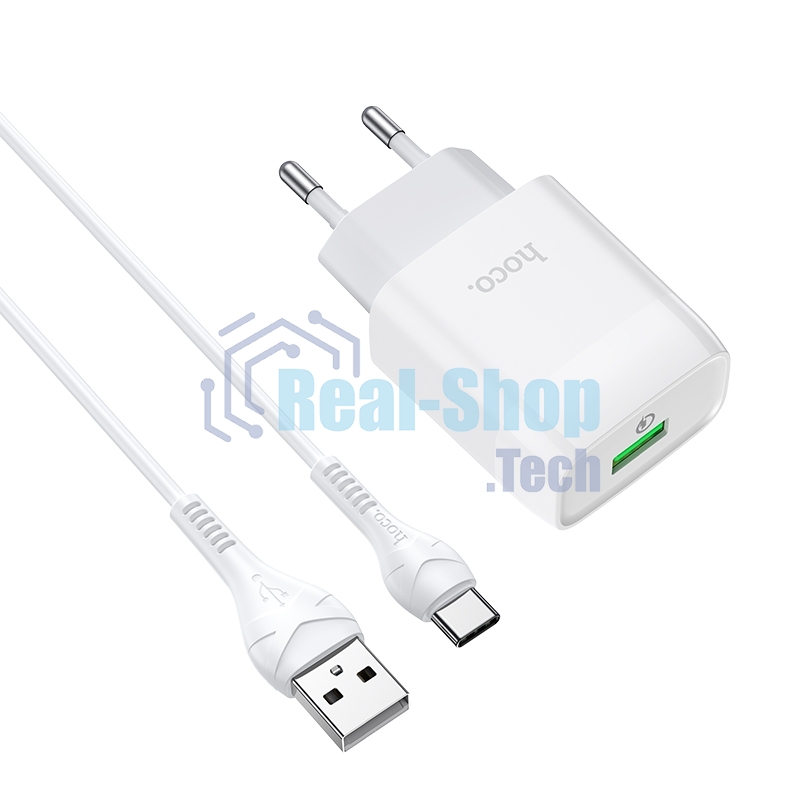 Зарядное устройство Hoco 18Вт, 3А, QC3.0, 1xUSB + кабель USB/Type-C, C72Q, белый, блистер