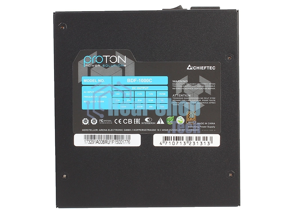 Блок питания Chieftec BDF-1000C, 1000Вт, 80 PLUS Bronze, 140мм, модульный, черный