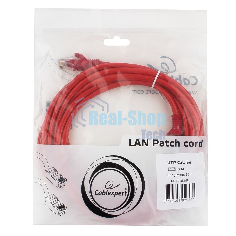 Патч-корд UTP Cablexpert cat.5e, 3м, литой, многожильный, красный