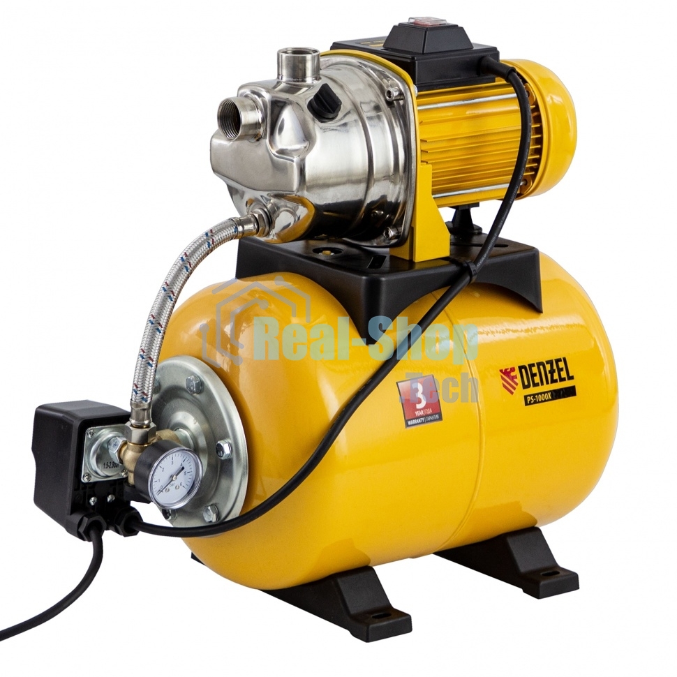 Насосная станция Denzel PS1000X, 1000 Вт, 3500 л/ч, ресивер 24 л, подъем 44 м, нержавейка