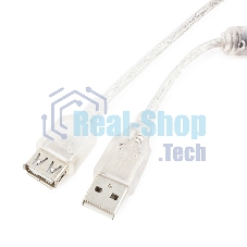 Кабель-удлинитель USB2.0 Pro Cablexpert CCF-USB2-AMAF-TR-0.75M, AM/AF, 0,75м, экран, 2феррит.кольца, прозрачный, пакет