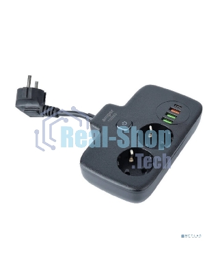Сетевой удлинитель Amper 0,2 м, 2 розетки, 3*0,75 мм, 10А, 2500 Вт, 3usb, 1 Type-C, 1кн, черный.