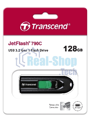 Флешка USB Transcend JetFlash 790C (TS128GJF790C), 128Gb, USB 3.2, R/W 90/60, черный/зеленый