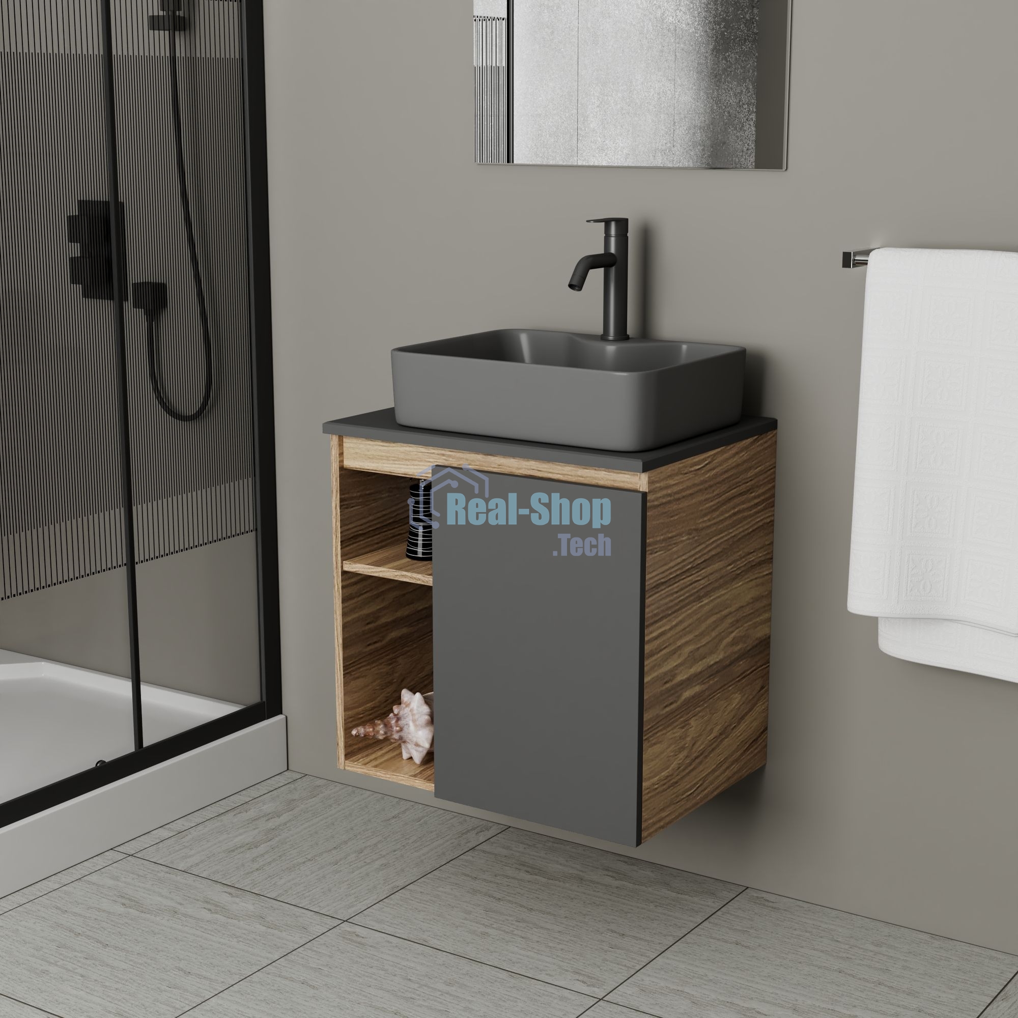 Тумба Bau Dream Blackwood 60 правая, графит, раковина BAU Cerama 48х37 темно-серая матовая, смеситель Hotel Dream Black, нерж. сталь, черный