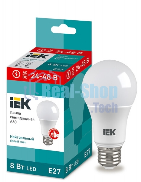 Лампа светодиодная A60 шар 8Вт 24-48В 4000К E27 (низковольтная) IEK LLE-A60-08-24-48-40-E27