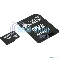 Флеш карта Smartbuy MicroSDHC 64Gb Class10 + адаптер(Флеш карта Smartbuy microSDHC 64Gb Class 10 SB64GbSDCL10-01 + adapter; SB64GbSDCL10-01; черный)