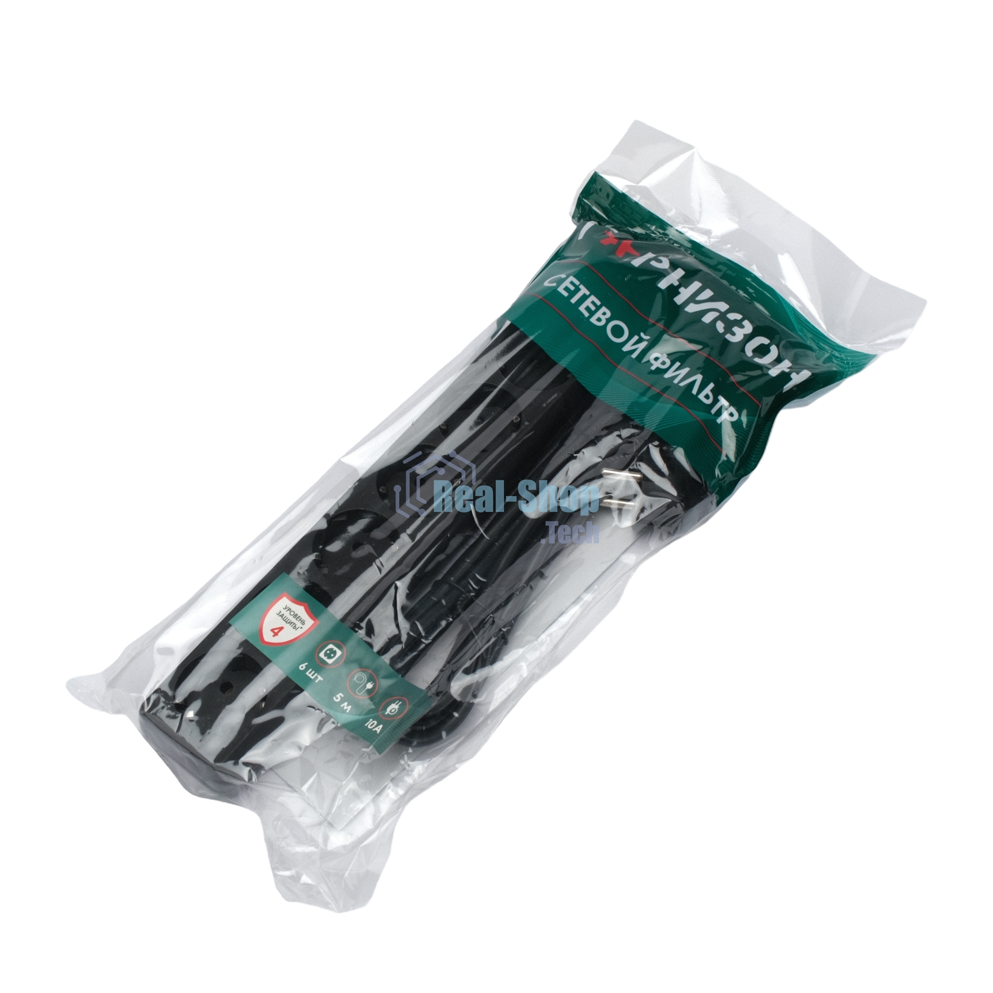 Сетевой фильтр Гарнизон 6 р, 10А, 5 м, ур.защиты 4, черный, пакет