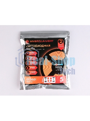Светодиодная лента Ambrella light GS3601 2835 204Led/ 20W m/ 24V IP20 3000K/ 5000*14*1.2mm (2 конт.)
