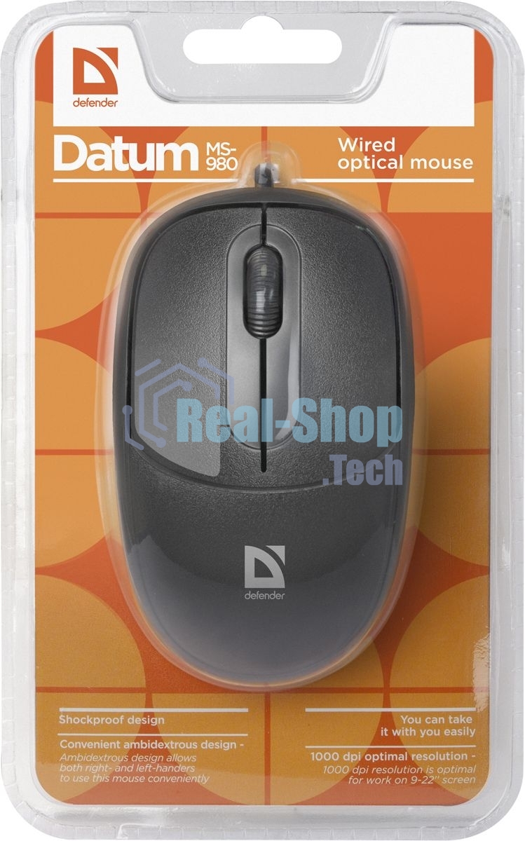 Мышь проводная Defender Datum MS-980 черный, 1000 dpi, USB, кнопки - 3