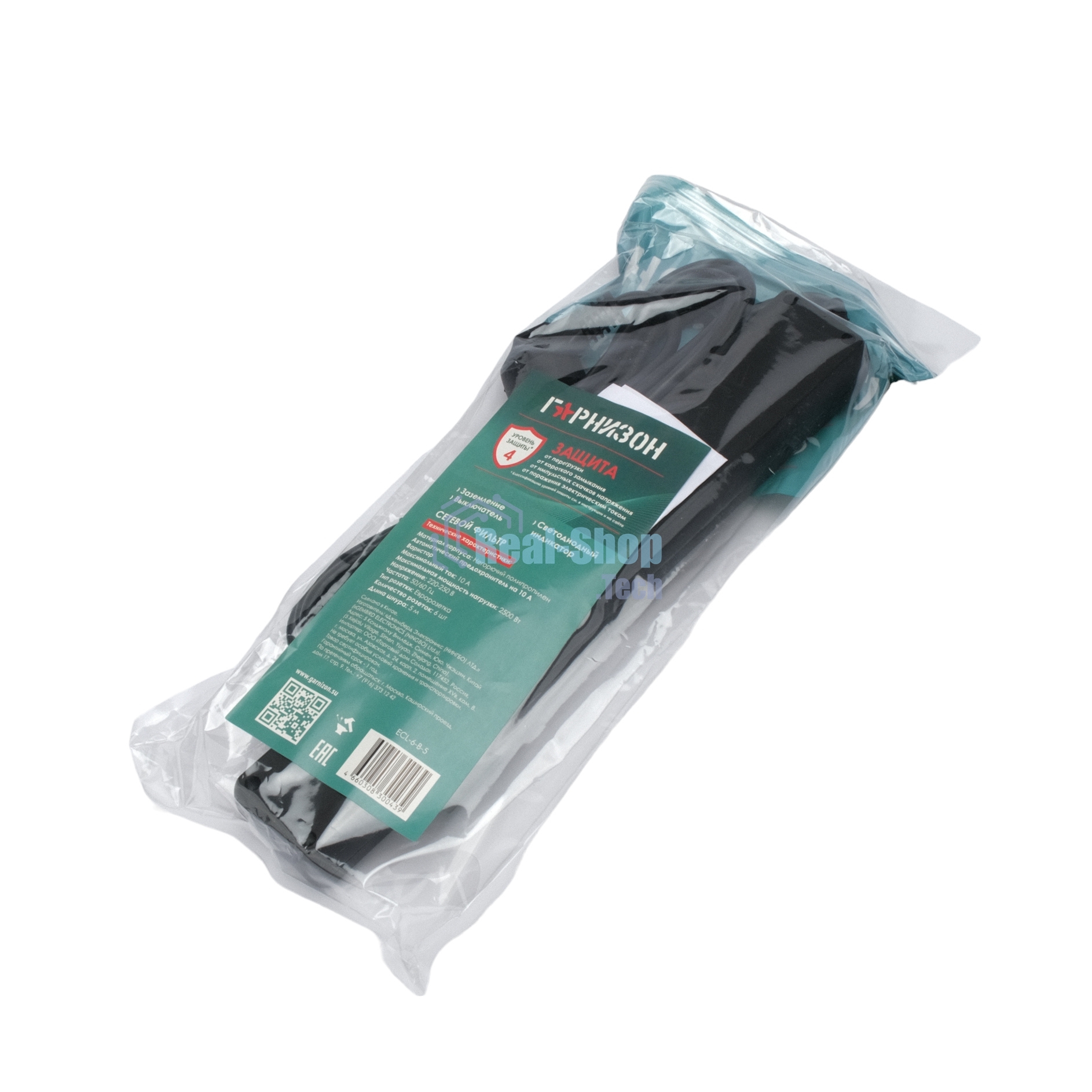 Сетевой фильтр Гарнизон 6 р, 10А, 5 м, ур.защиты 4, черный, пакет