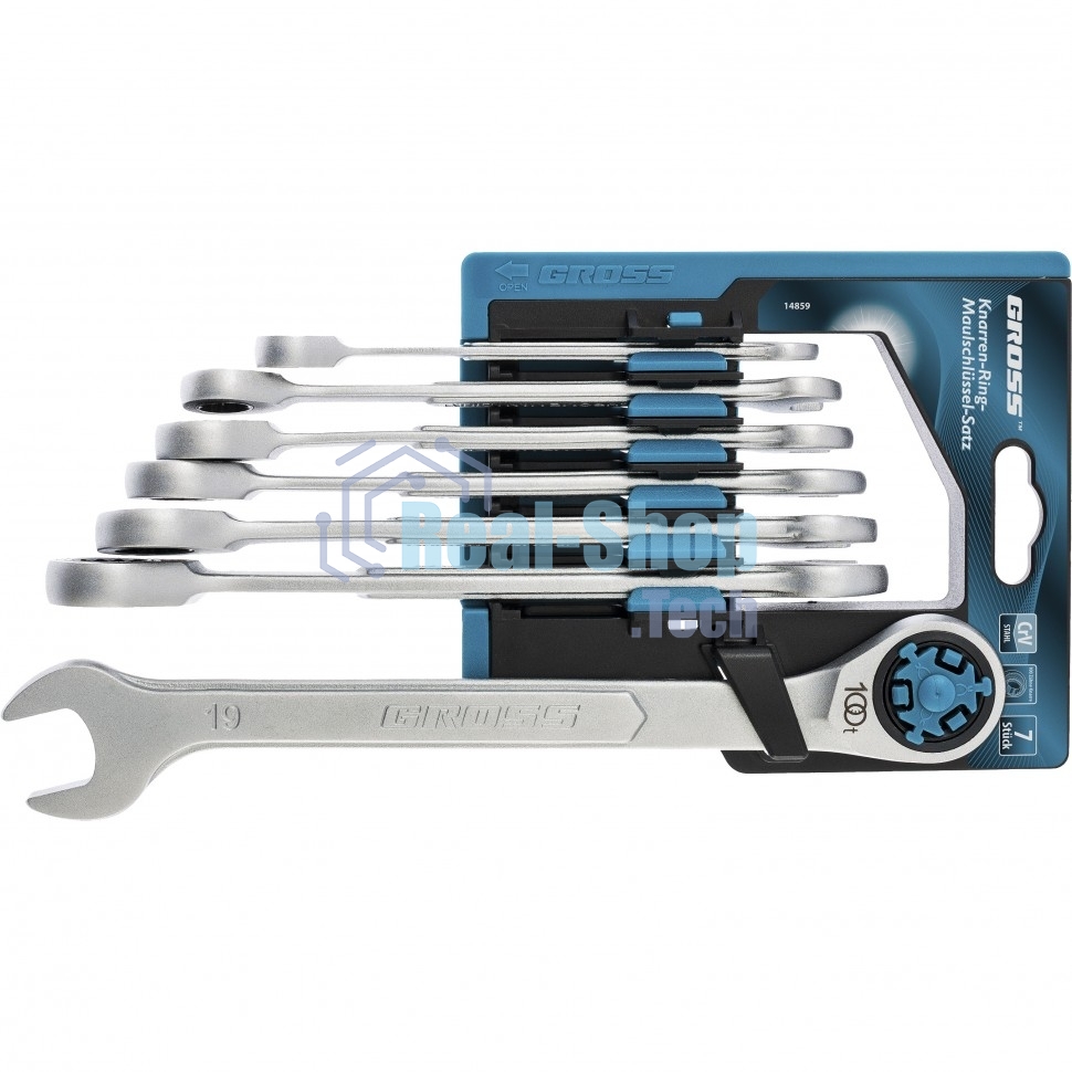 Набор ключей комбинированных Gross 14859 трещоточных, СRV, 7 шт -8 19 мм