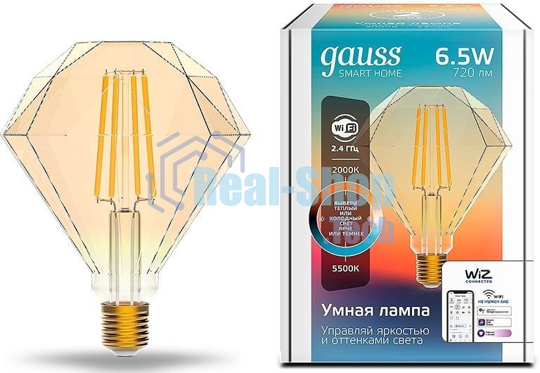 Лампа светодиодная Gauss филаментная Smart Home DIM+CCT E27 Diamond Golden 6,5 Вт 2000-5500К 1370112