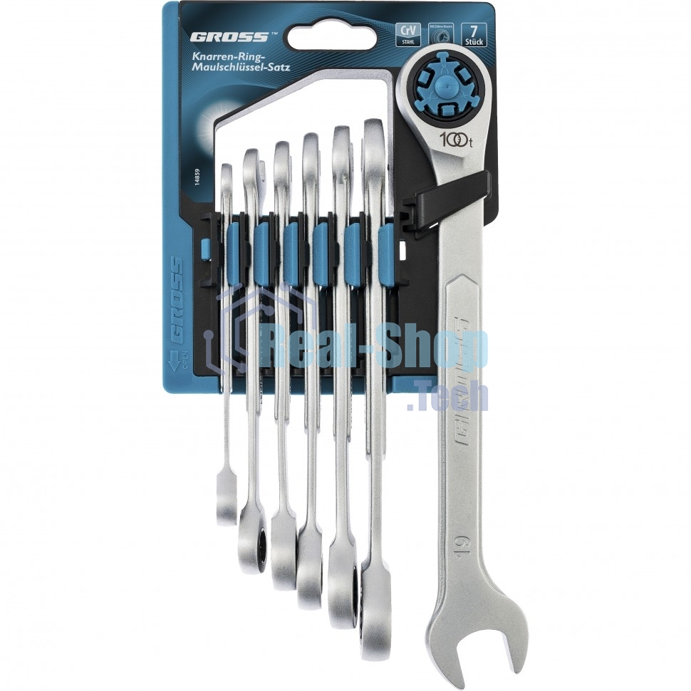 Набор ключей комбинированных Gross 14859 трещоточных, СRV, 7 шт -8 19 мм