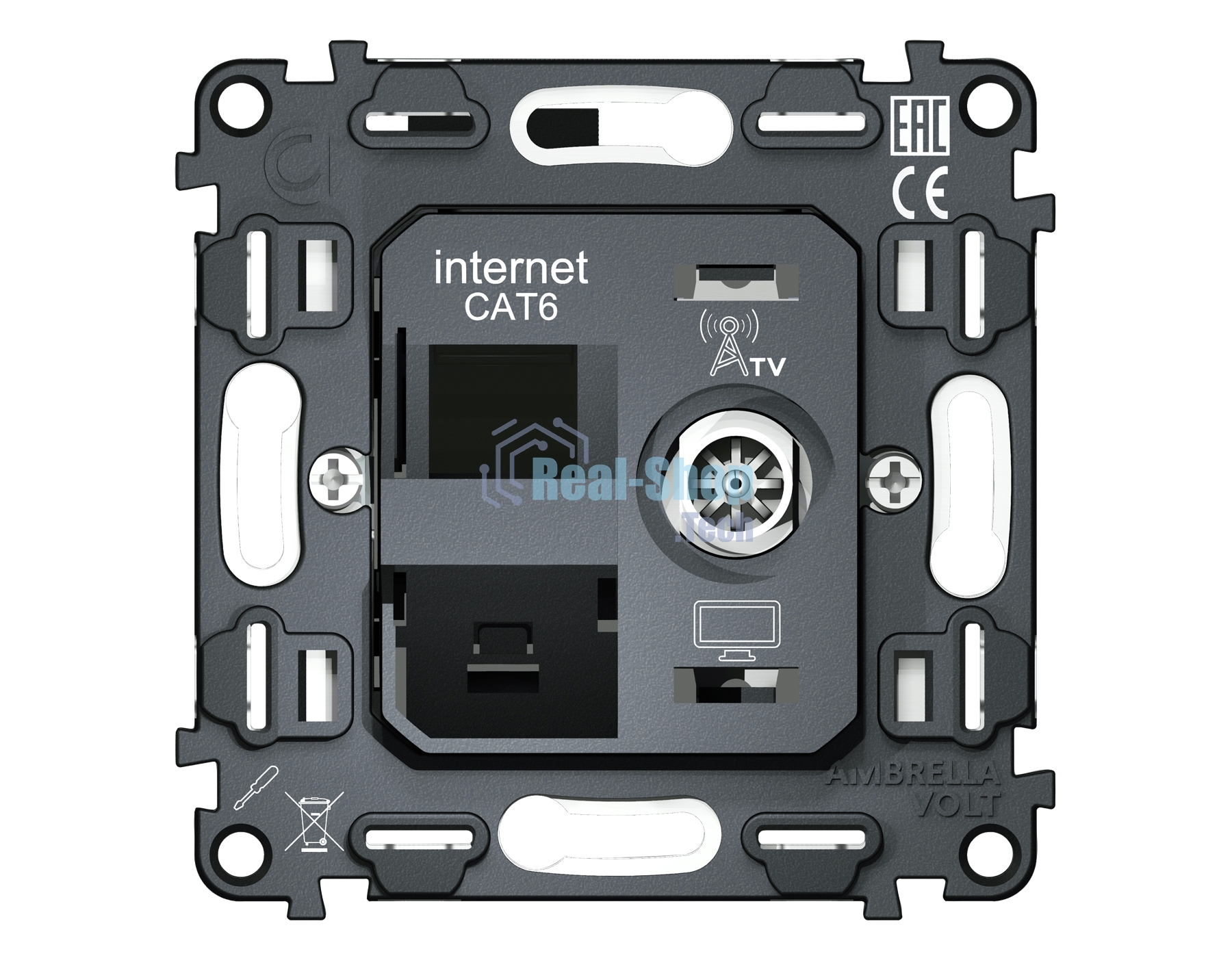 Механизм розетки компьютерной + TV оконечной RJ-45 (8P8C) CAT6/50-870 MHz 1dB с автоматической защитной шторкой QUANT VM195