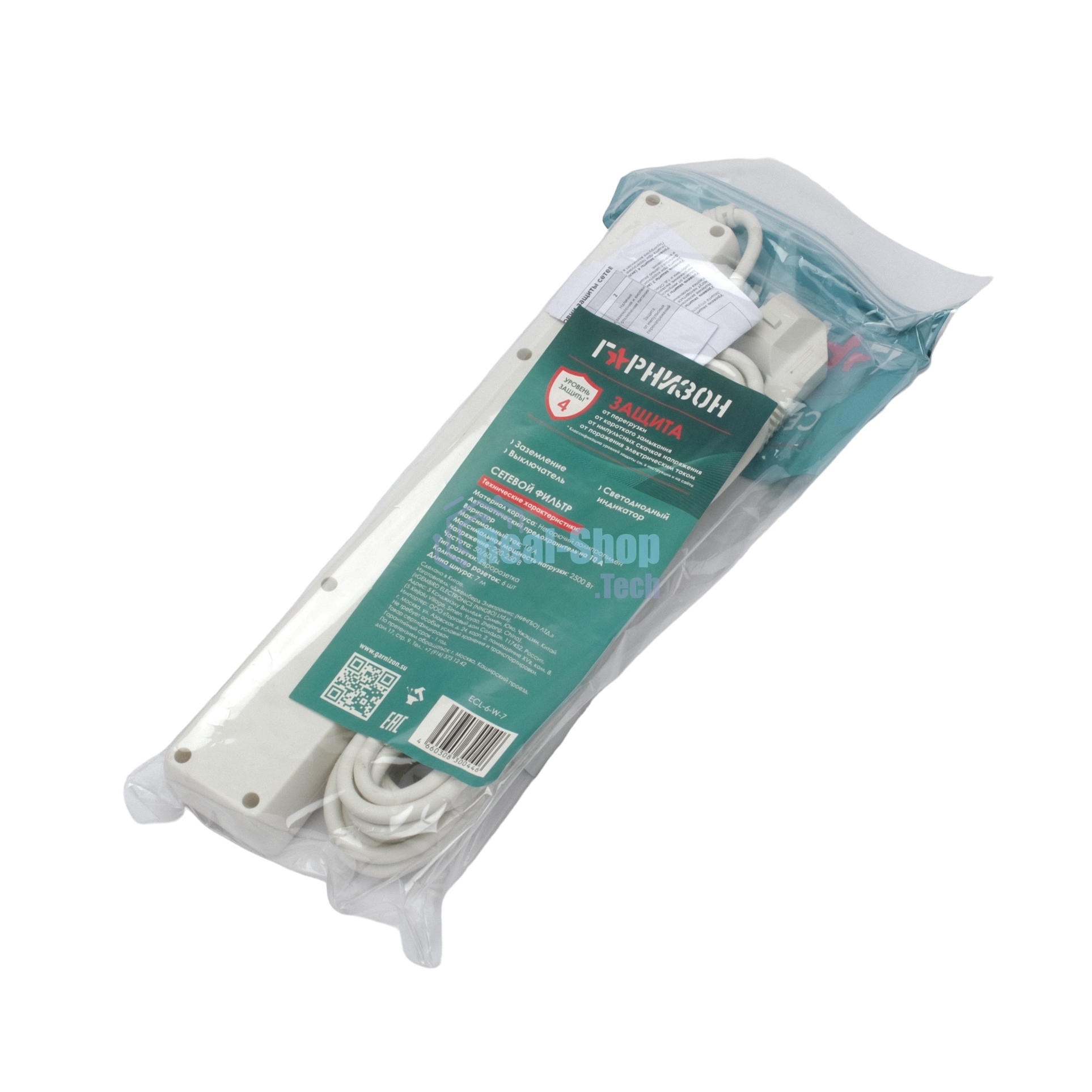 Сетевой фильтр Гарнизон 6 р, 10А, 7 м, ур.защиты 4, белый, пакет